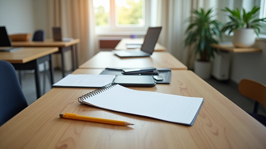 Učebna s počítačem, notebookem a učebními materiály na stole