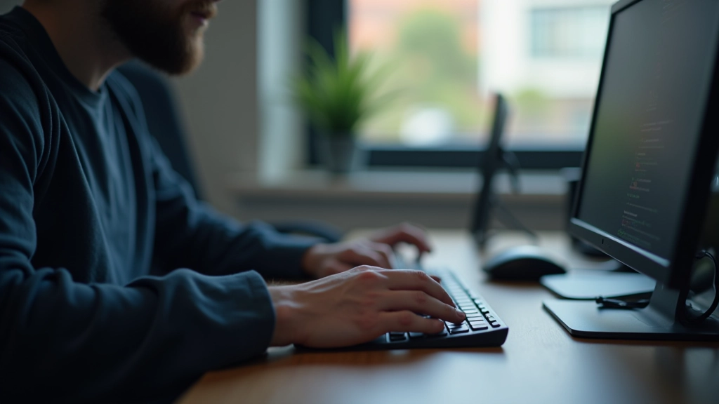 Programátor při práci na projektu, psaní kódu na klávesnici